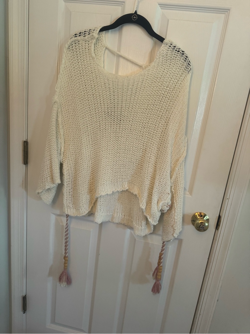 Vintage Havana Cream Open-Knit Scoop-Neck Sweater with Tassels